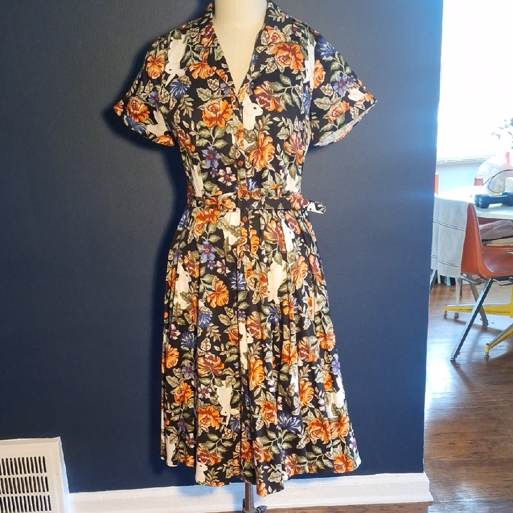 Collectif Caterina Forest Floral Swing Dress NWT Large Easter Dress With Bunny